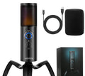 Black Q18 USB condenser microphone with RGB lights on tripod stand