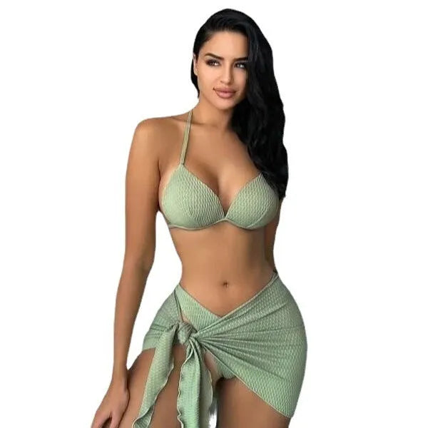 Women's three-piece swimsuit set with skirt in high elasticity polyester fabric