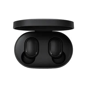 Redmi AirDots black true wireless earbuds next to their compact white charging case.