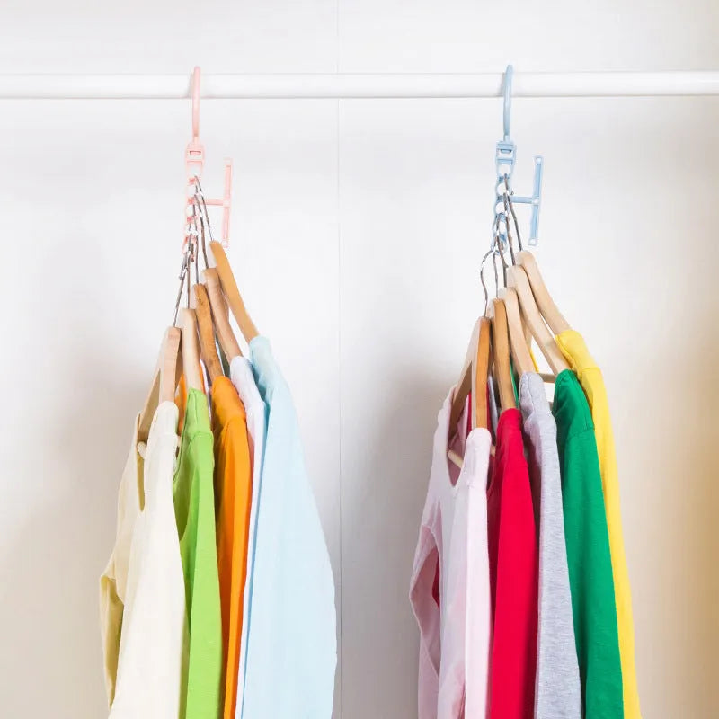 Blue magic wardrobe hanger with five branches and a top handle for organising clothes.