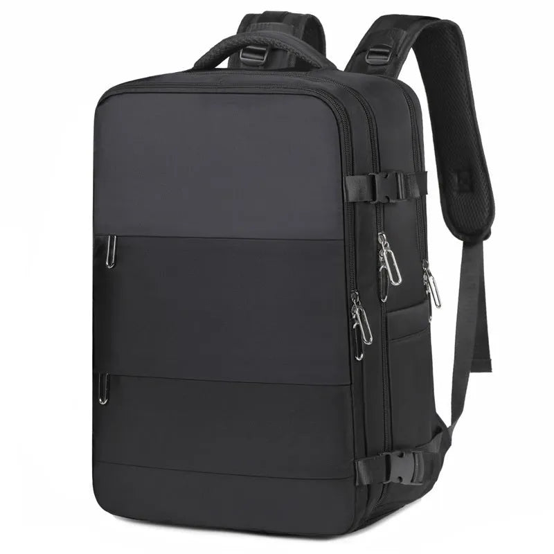 Purple women's travel backpack with multiple compartments and air pillow belt system