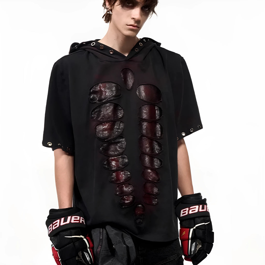 Black men's loose-fit hooded T-shirt with short sleeves and sequin decoration.