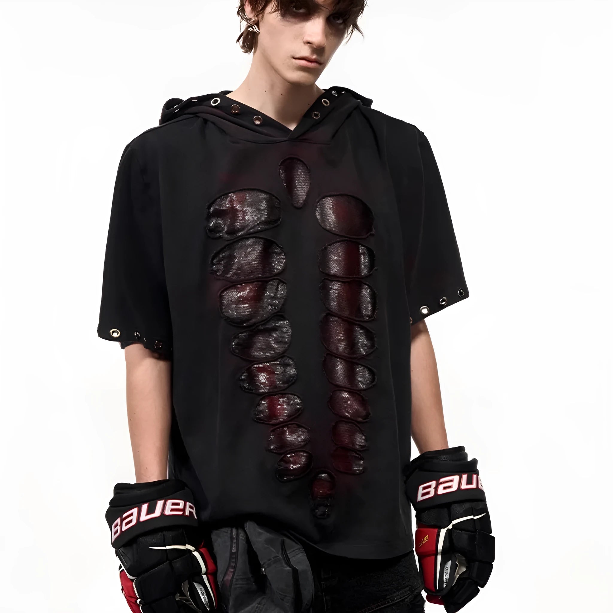 Black men's loose-fit hooded T-shirt with short sleeves and sequin decoration.