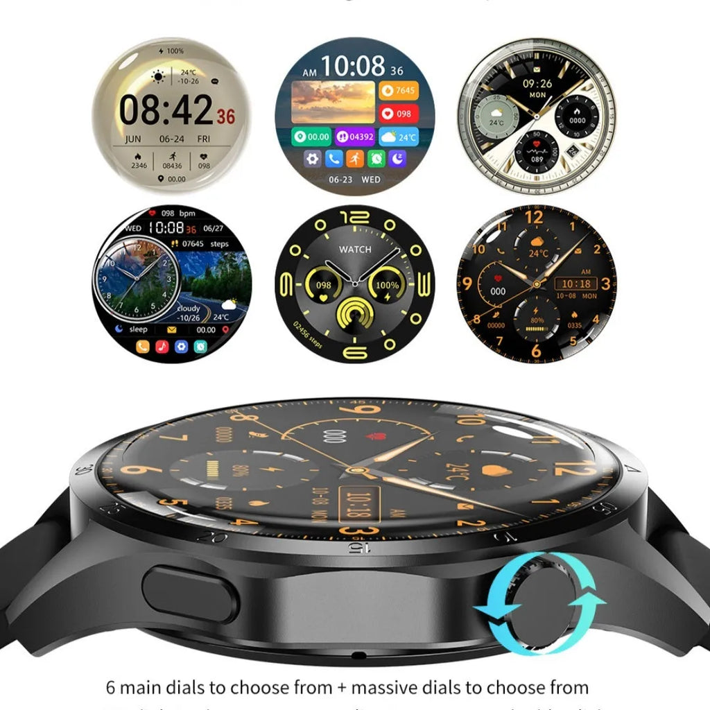 Black smartwatch with Bluetooth calling and sports modes on a silicone strap, displaying heart rate data.