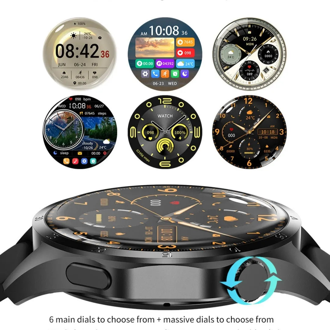Black smartwatch with Bluetooth calling and sports modes on a silicone strap, displaying heart rate data.