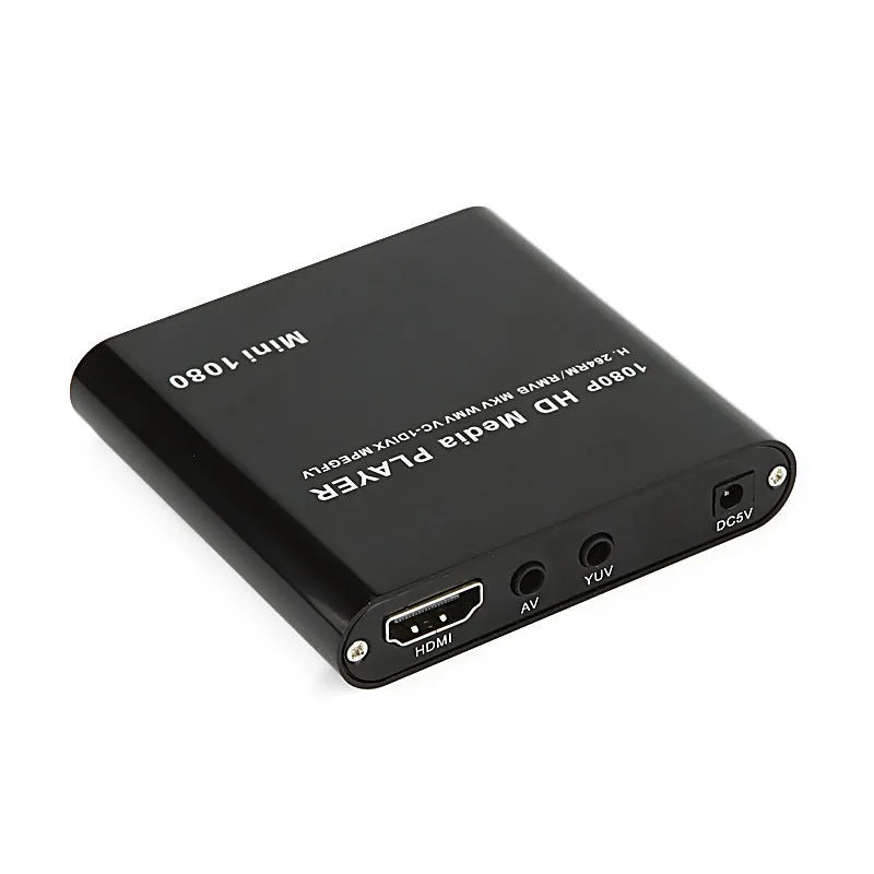Compact blue media player with remote control showing HDMI port and storage slots