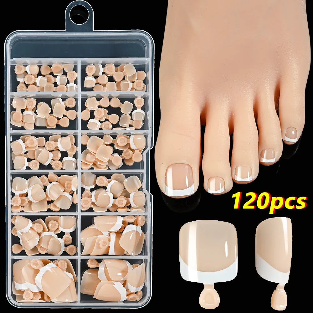 120 piece box of French white edge nude artificial toenails in nine shades, square short shape for toes.