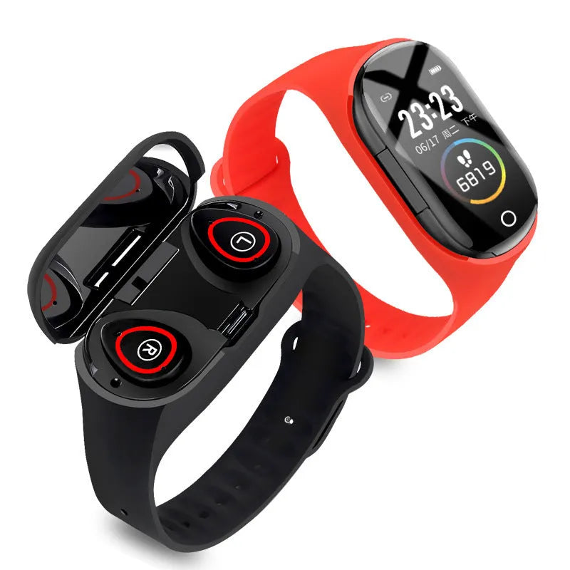 Smart bracelet earphone combo with 1-inch screen in silicone wristband showing activity tracking display