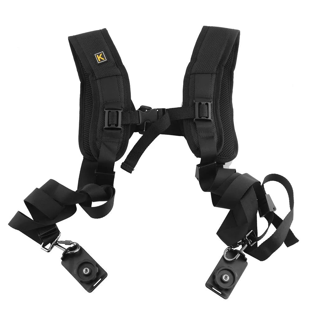 Black dual shoulder SLR camera strap showing two camera attachment points and thick shoulder padding