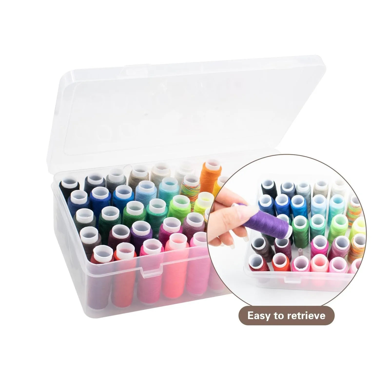 Embroidery storage box with 42 compartments for threads and sewing tools in transparent plastic