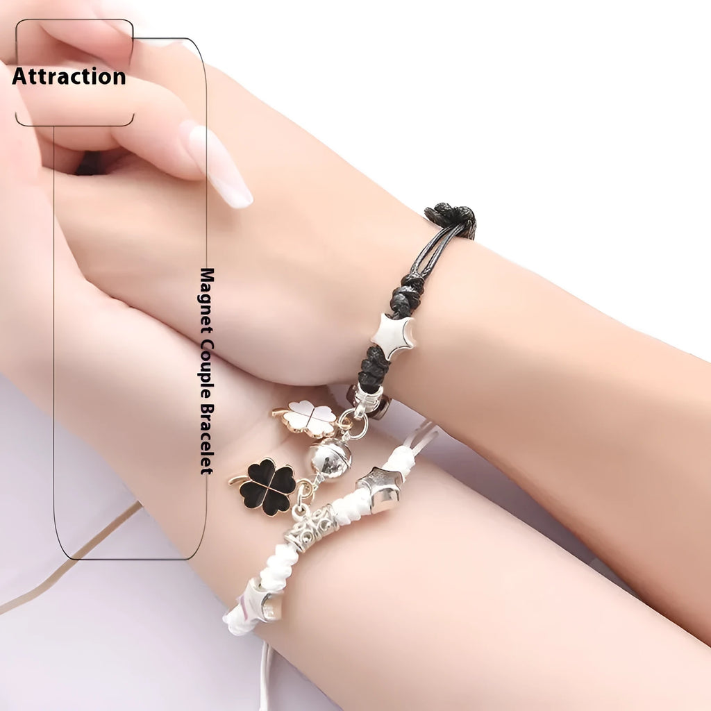 Magnetic couple bracelet pair showing crown design with electroplated alloy construction and magnetic fastening