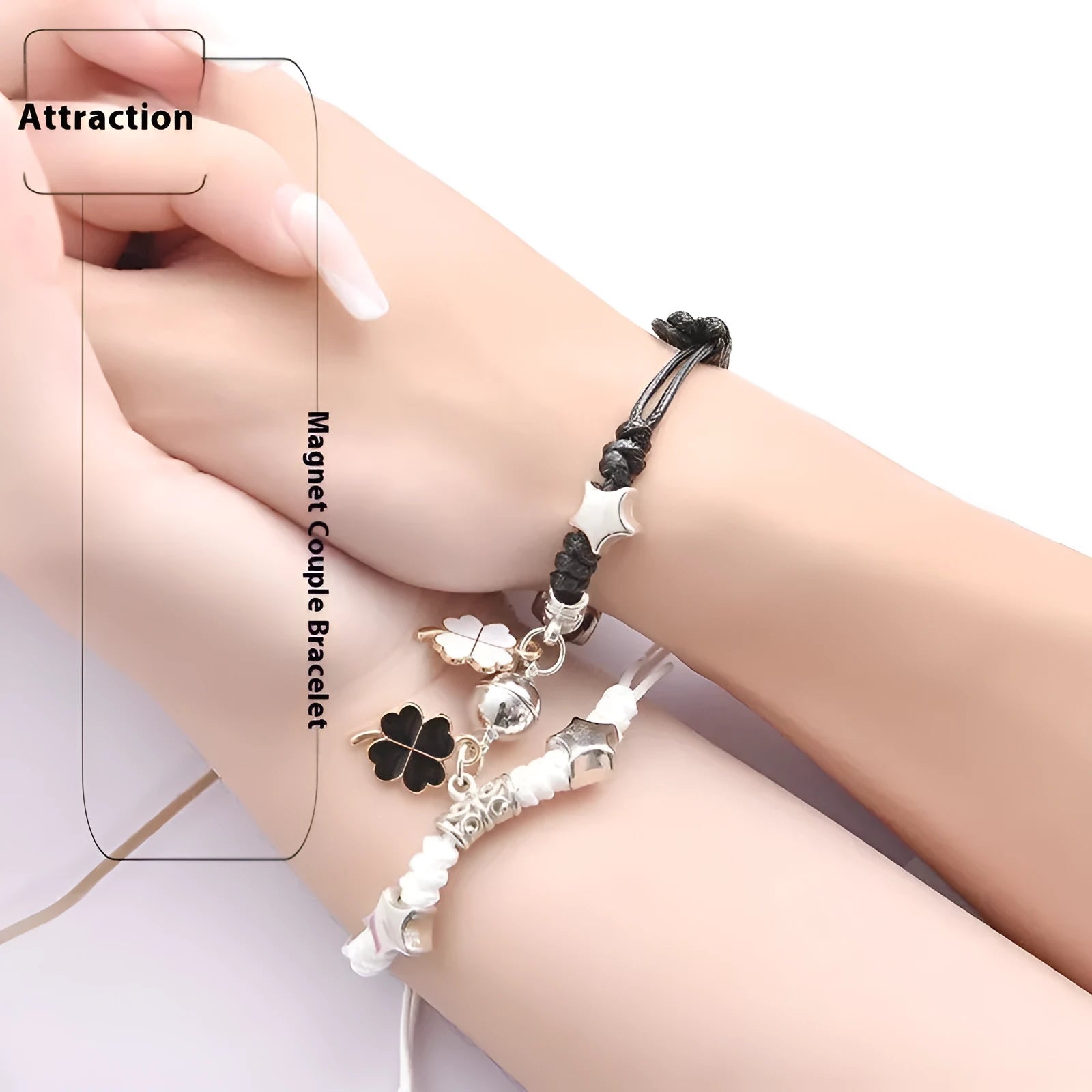 Magnetic couple bracelet pair showing crown design with electroplated alloy construction and magnetic fastening