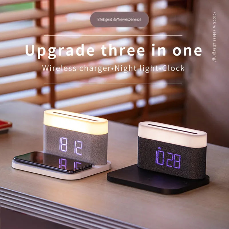 Wireless charging desktop clock night light lamp in black or white glass and ABS construction