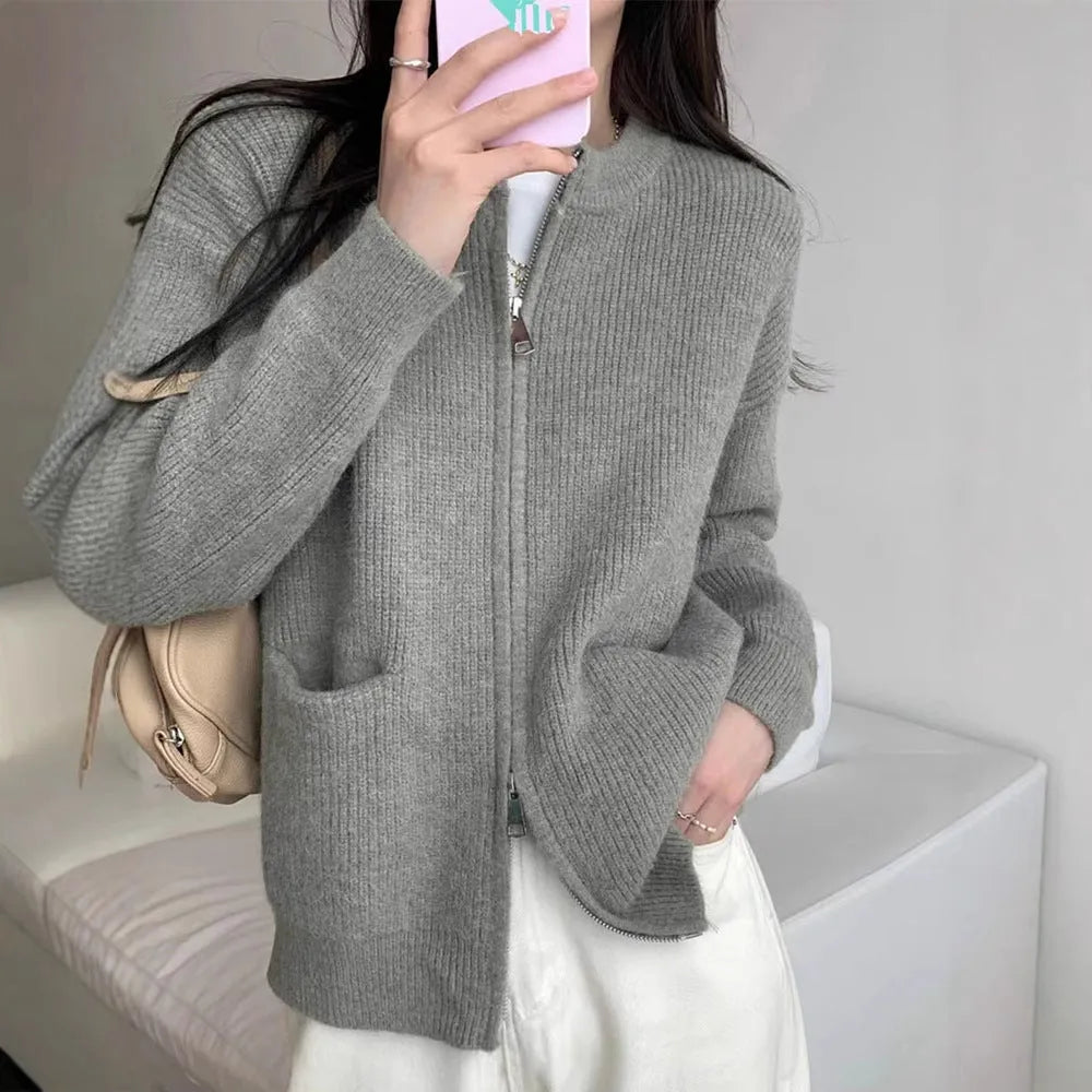 Beige soft wind glutinous sweater coat cardigan with long sleeves on hanger