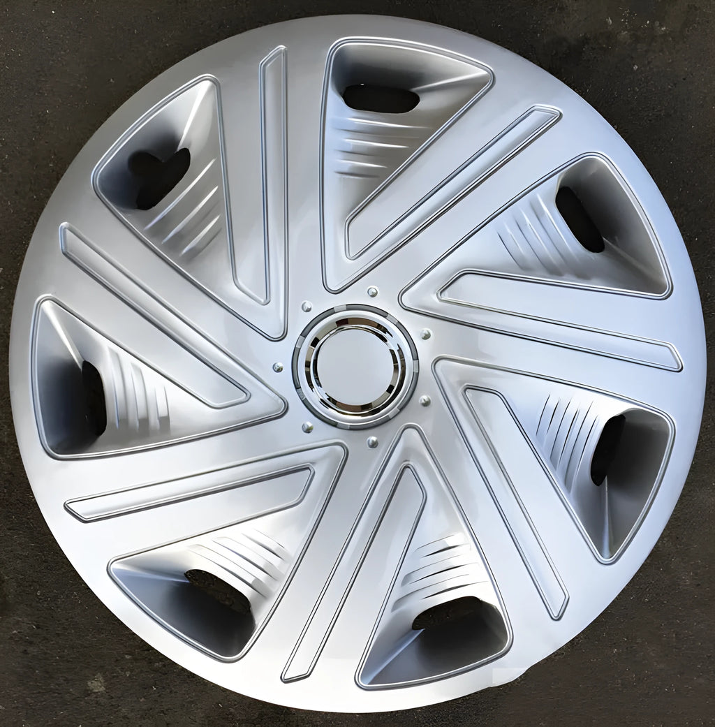 Universal monochrome ABS plastic wheel hub cover in silver finish for a car alloy wheel.