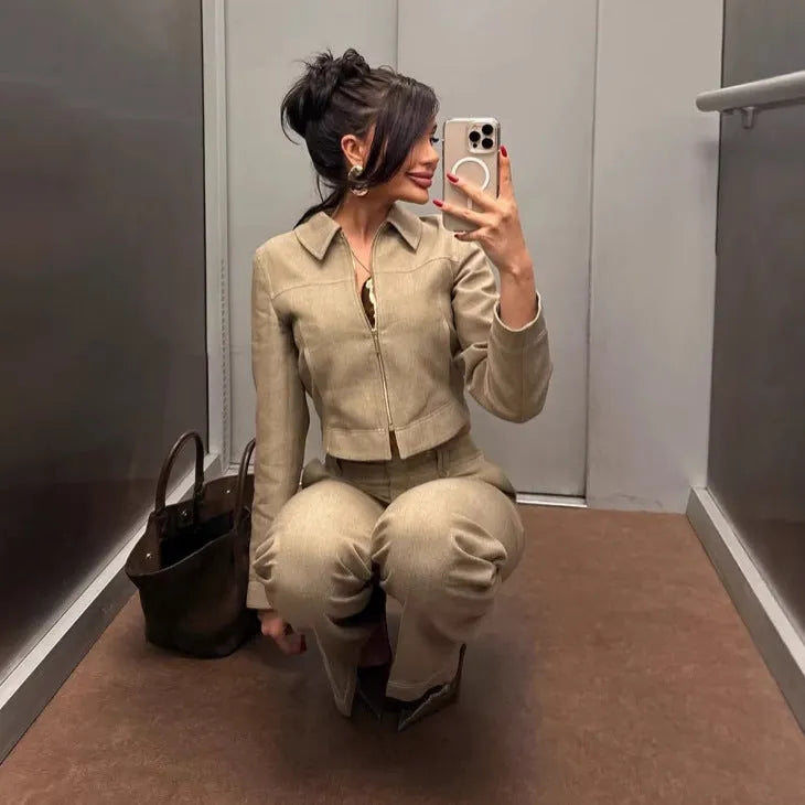 Women's herringbone pattern casual suit set with 3D effect, featuring a long sleeve coat and straight-leg trousers.