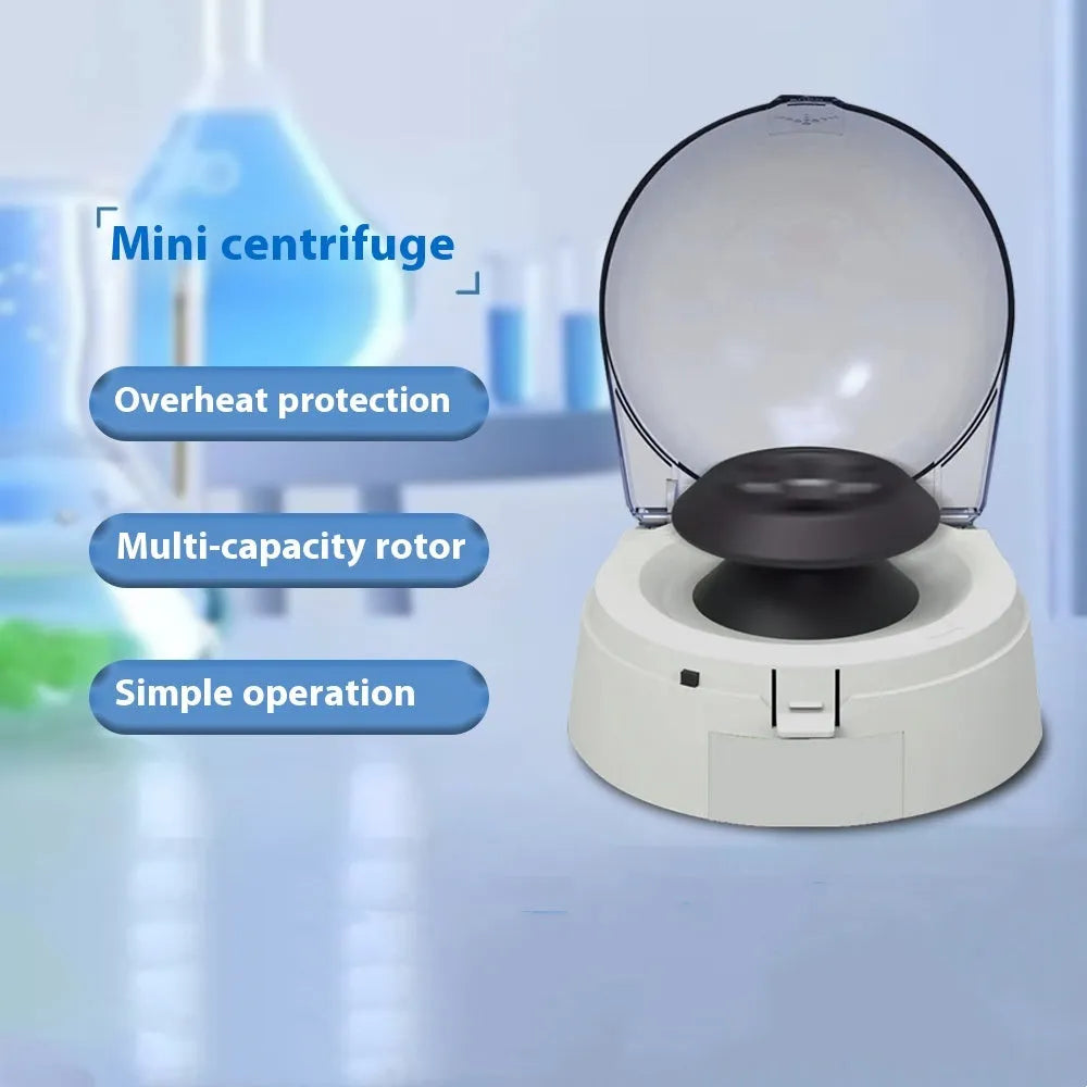 Mini laboratory centrifuge with compact dimensions and 7000 rpm speed capability