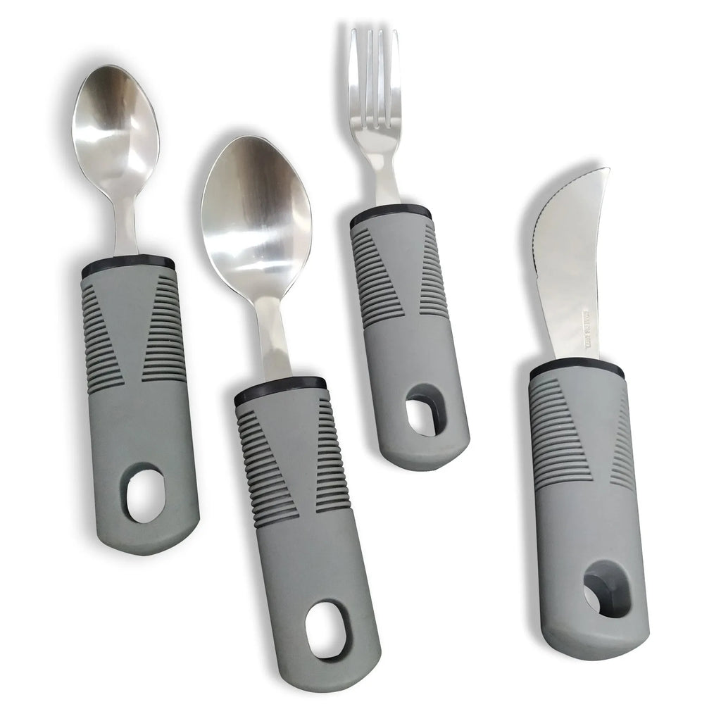 Anti-shake adaptive tableware set with stainless steel utensils and rubber handle grips