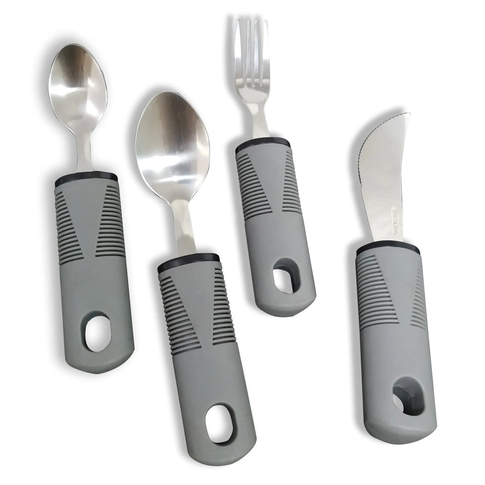 Anti-shake adaptive tableware set with stainless steel utensils and rubber handle grips
