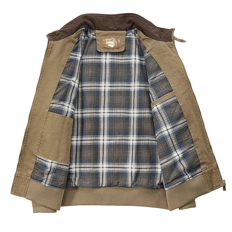 Men's plus size washed cotton flight jacket in camel colour on a hanger.