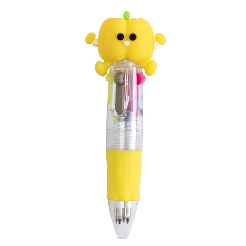 Four-colour press ballpoint pen with cartoon design, showing 0.7mm bullet tip and press-button colour selector.