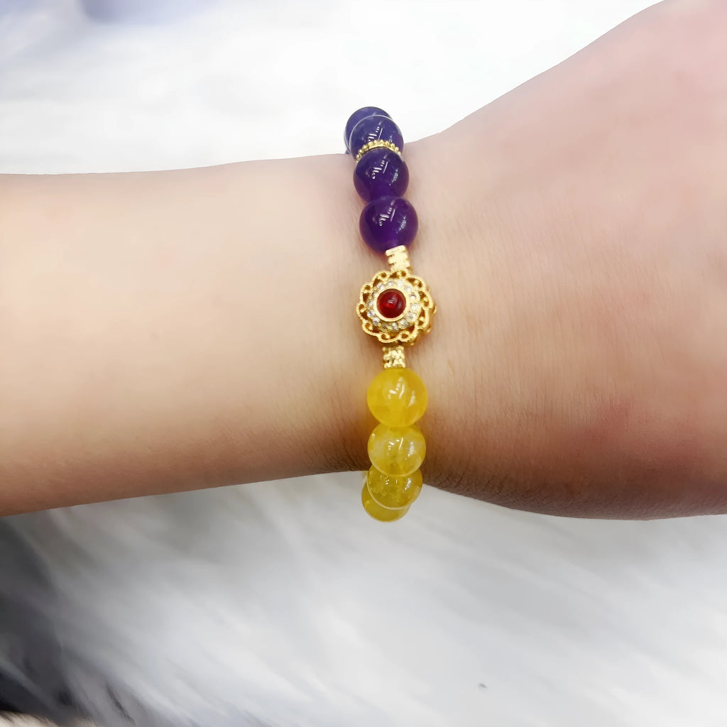 Handmade yellow and purple crystal bracelet with amethyst accents for women, adjustable 18-20cm length