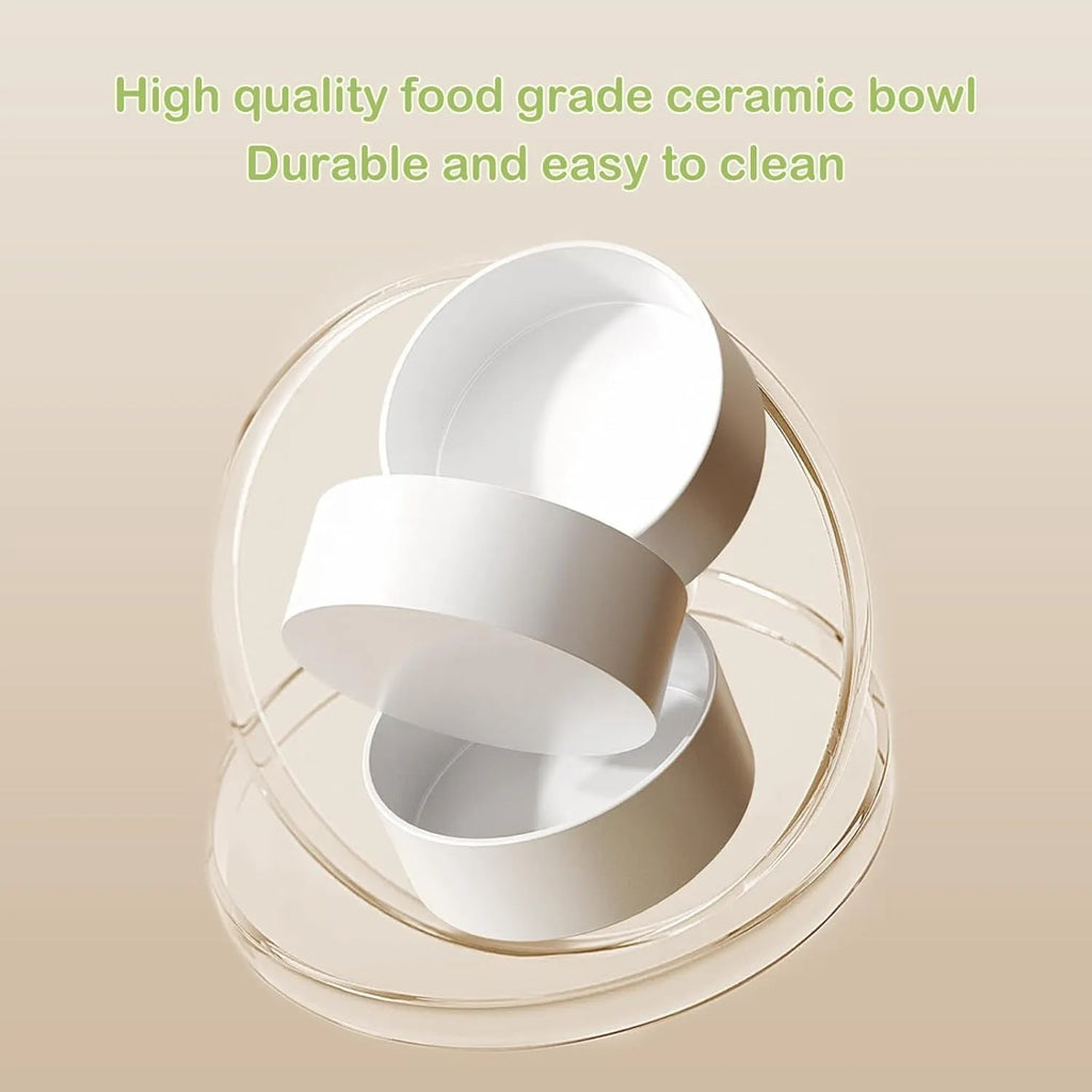 Green ceramic raised cat bowl set with two tilted bowls on a non-slip base