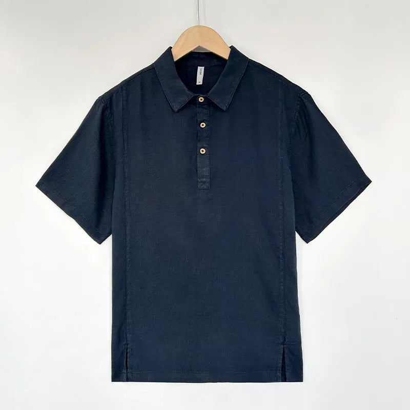 Men's loose-fit linen summer top with thin lapels and short sleeves, shown in grey green.