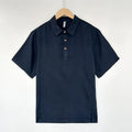 Men's loose-fit linen summer top with thin lapels and short sleeves, shown in grey green.