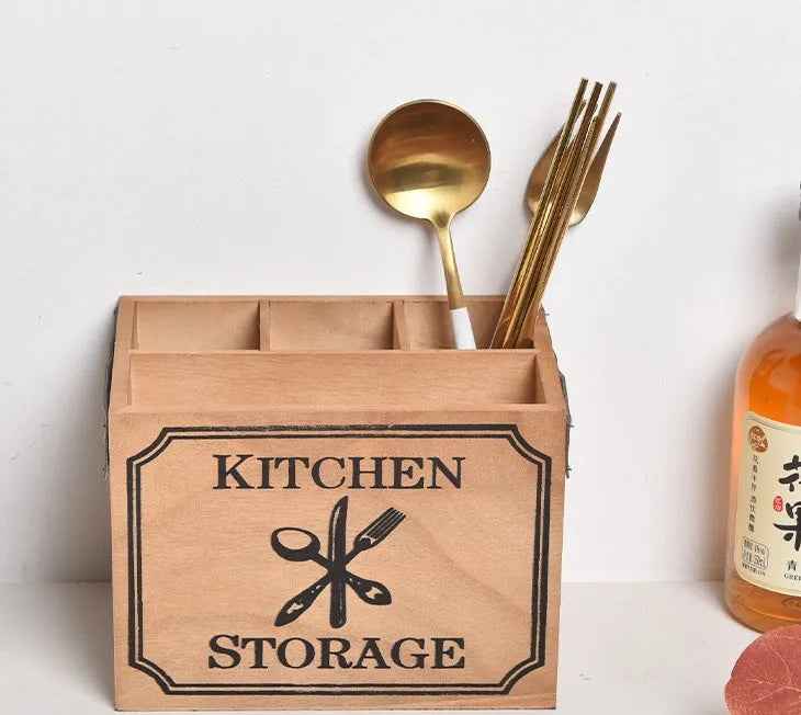 Wooden kitchen storage box with grid compartments for knives forks chopsticks