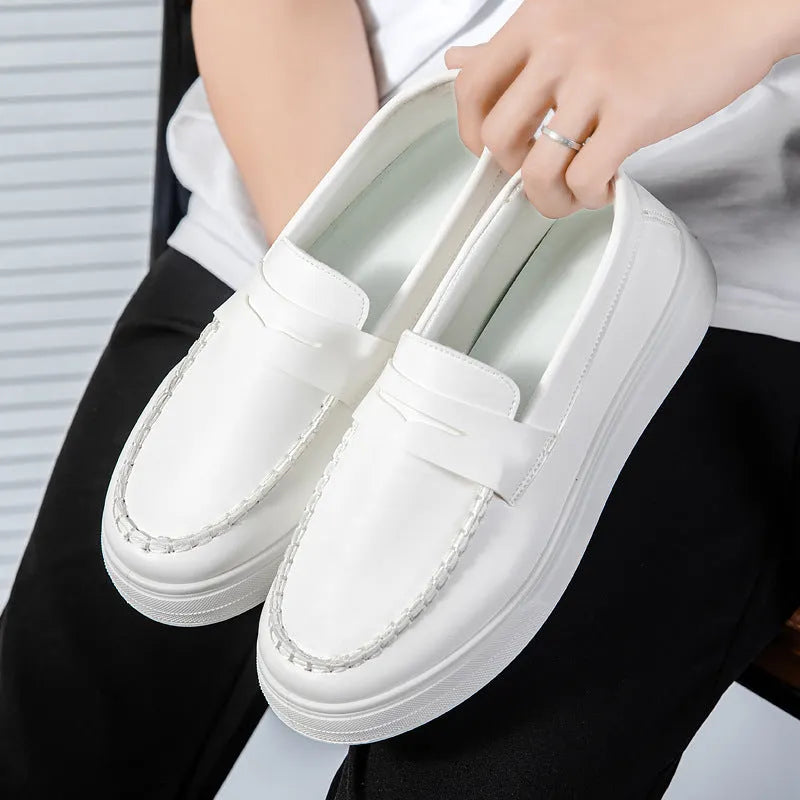 Men's round-toe casual slip-on shoes in artificial PU leather, shown in black & white, khaki, and white colour options.
