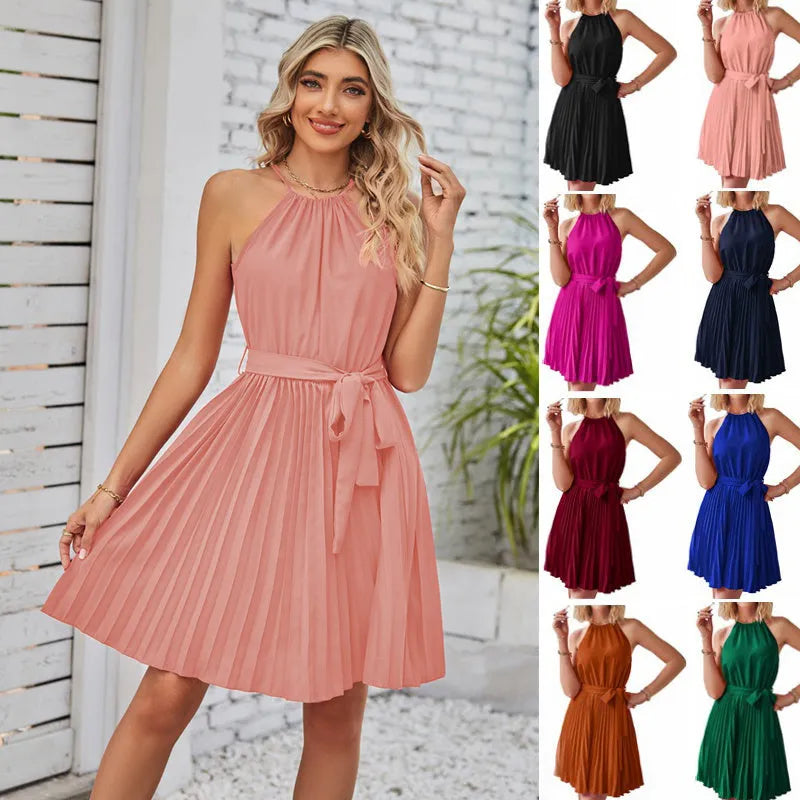 Women's black chiffon halter sundress with pleated midi skirt and adjustable waist belt.