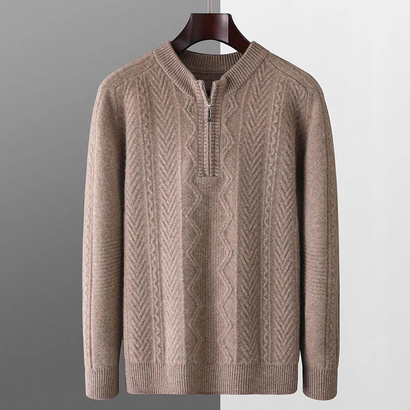 Men's loose-fit wool half-zip sweater with a diamond lattice pattern in light camel colour.