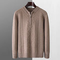 Men's loose-fit wool half-zip sweater with a diamond lattice pattern in light camel colour.