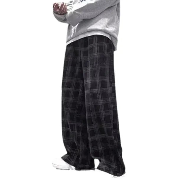 Japanese retro plaid casual trousers in straight-leg silhouette, available in black or green patterns