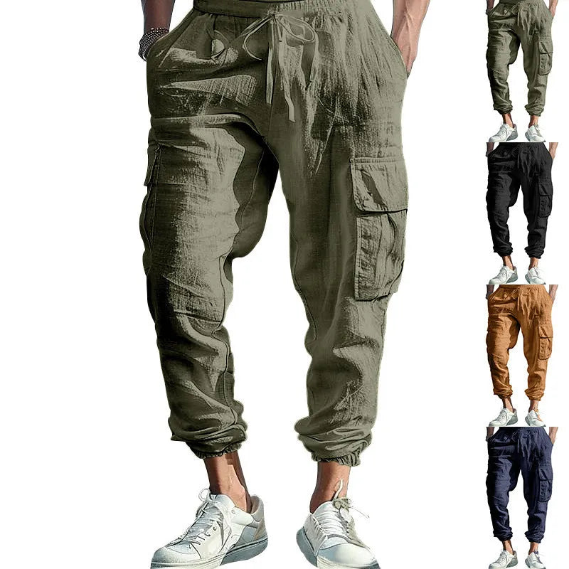 Men's linen casual trousers with ankle ties and drawstring waist in army green colour