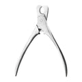 Silver stainless steel pet nail clipper with safety guard and ergonomic handles.