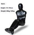 Black patent leather bondage set with nostril clothing and six ratchet tie down wraps