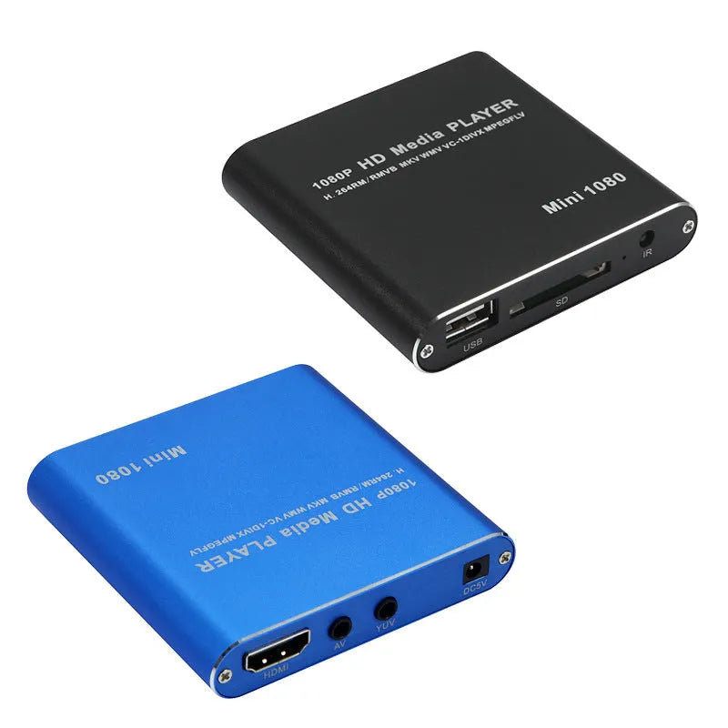 Compact blue media player with remote control showing HDMI port and storage slots