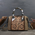 Brown leather retro-style messenger bag with horizontal square shape and front pocket