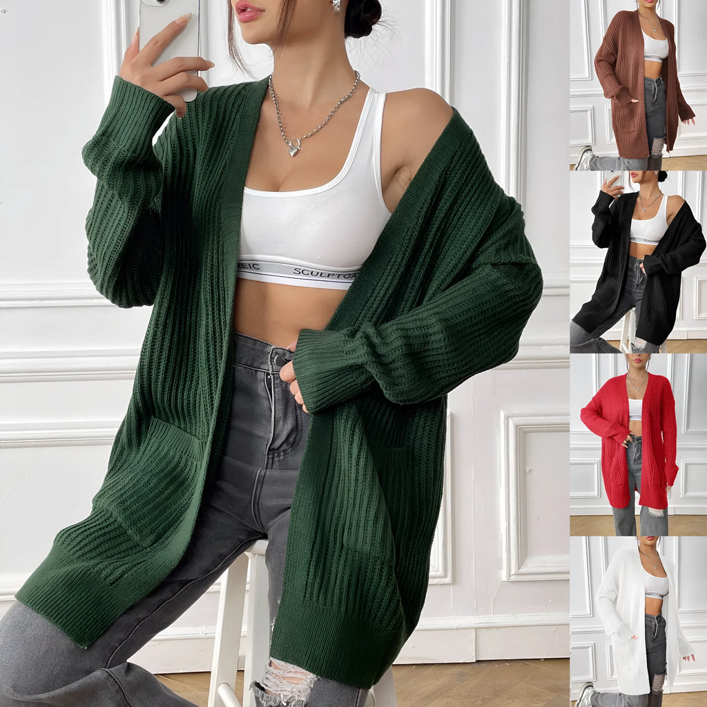 Women's dark green loose-fit cardigan with two front pockets and long sleeves