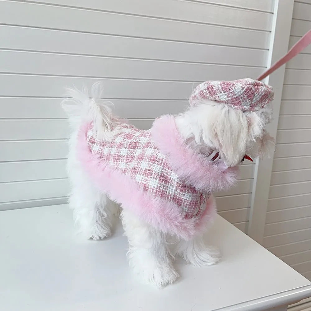 Pink polyester cat costume set with beret, cloak featuring hand holding rope, and drawstring