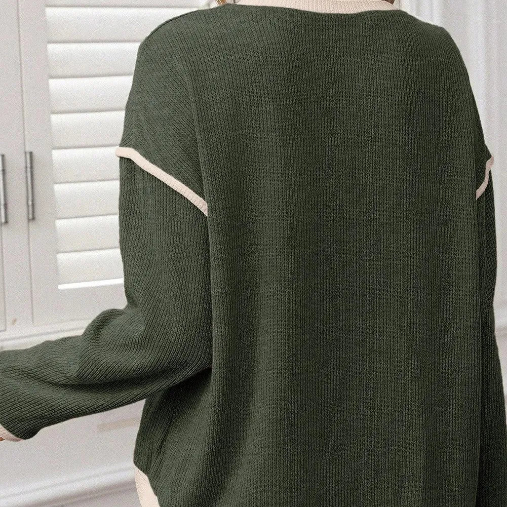 Women's four leaf clover green knit drop shoulder top with contrast trim detail