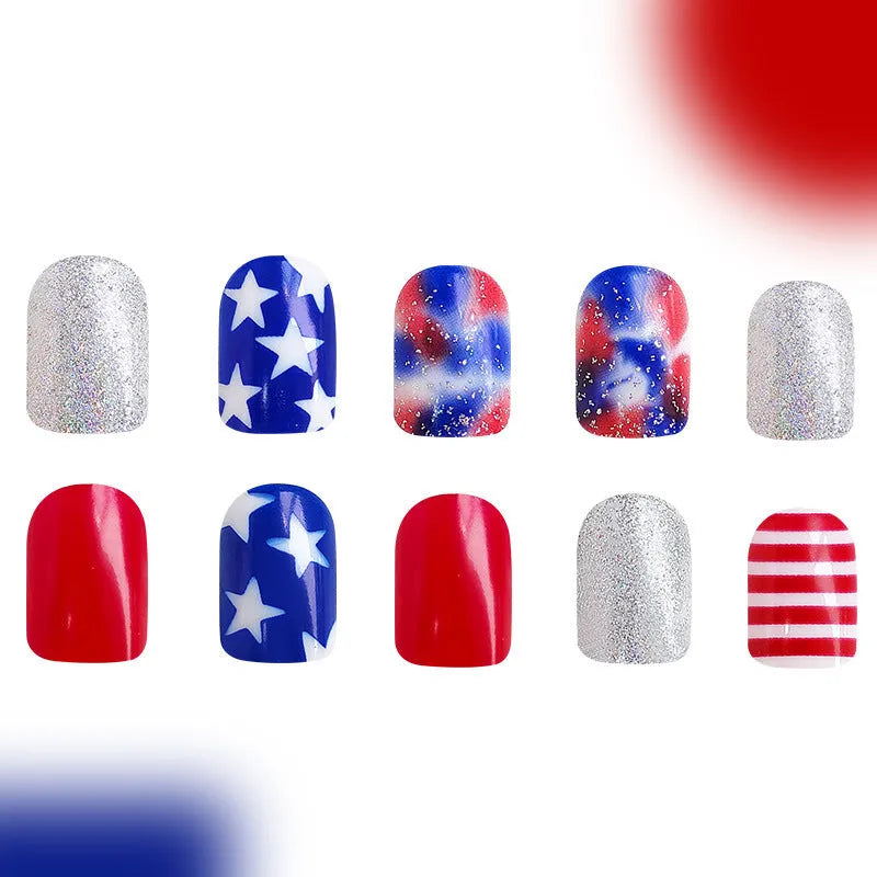 Independence Day nail art kit with three American flag five-pointed star designs for short European square nails