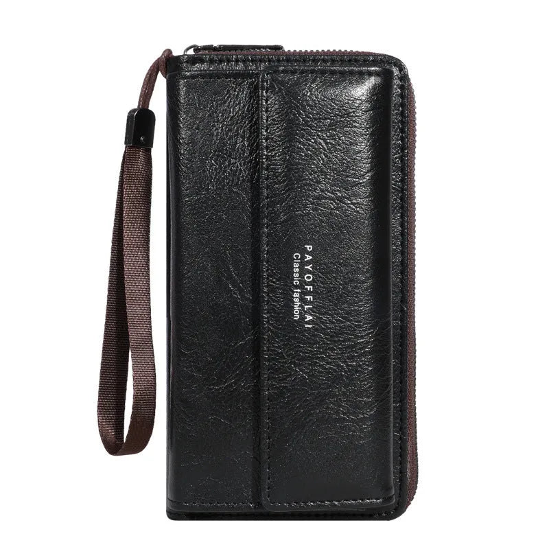 Men's black PU leather long wallet with multiple card slots, shown next to a brown version.
