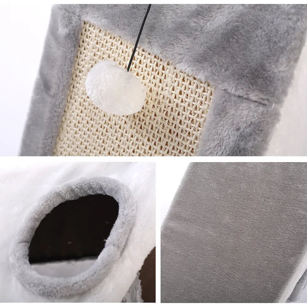 Triangle-shaped cat bed with integrated sisal scratching surface in grey white colour