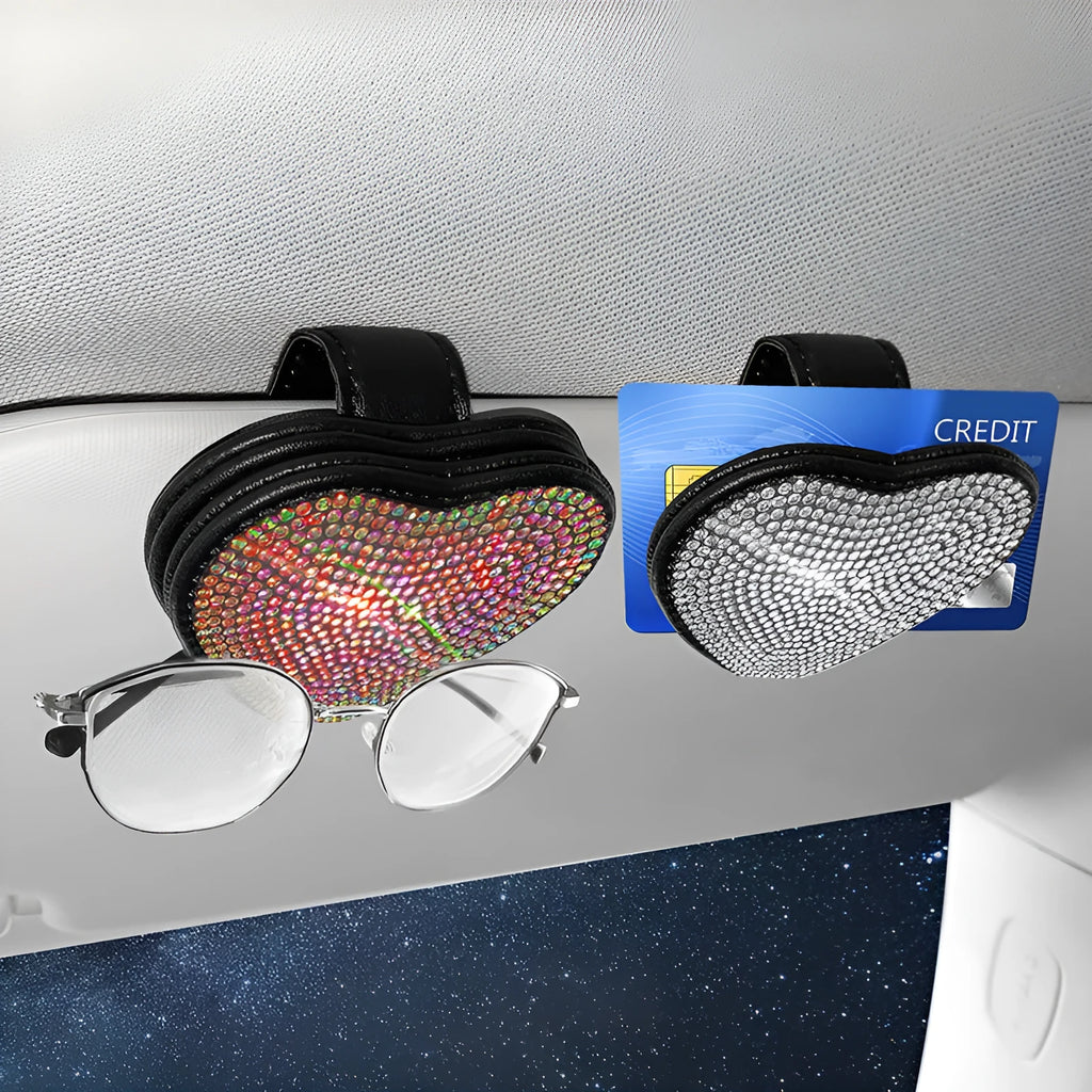 Diamond-encrusted PU leather magnetic clip for car sun visor holding sunglasses