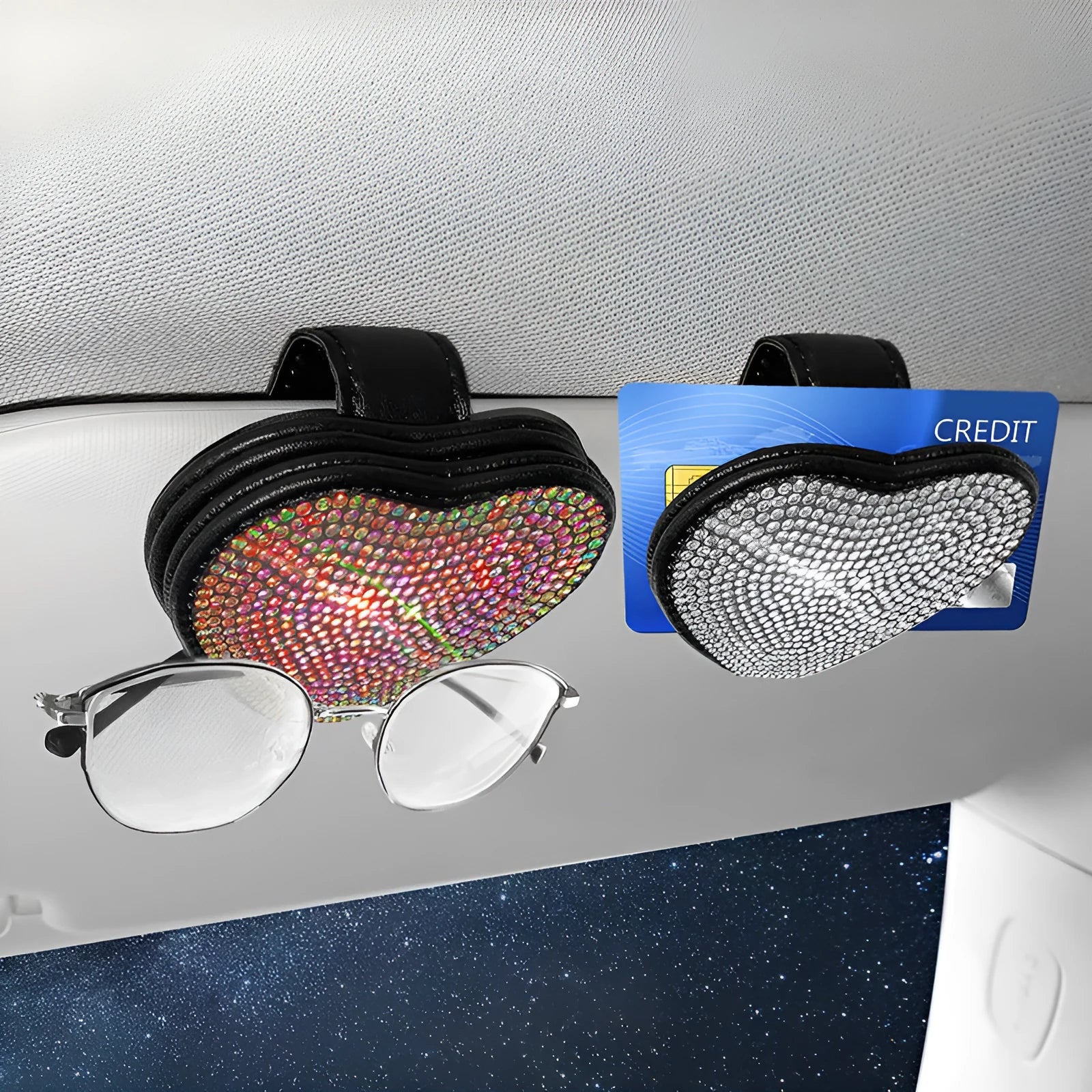 Diamond-encrusted PU leather magnetic clip for car sun visor holding sunglasses