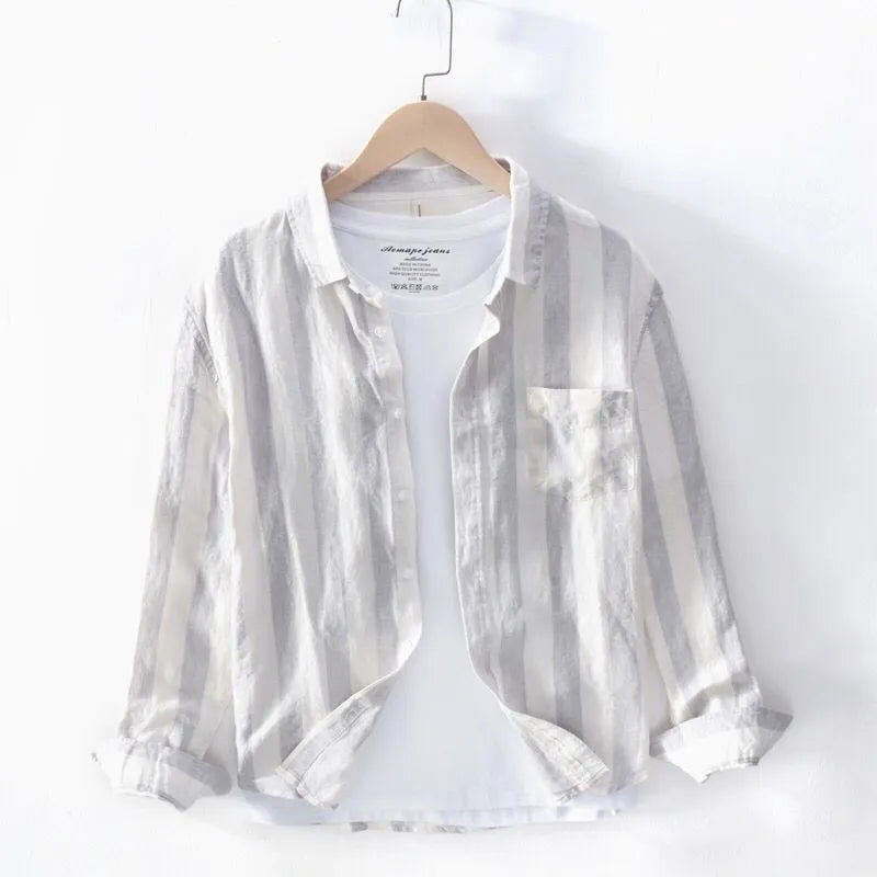 Men's Hong Kong style loose fit long sleeve shirt in blue or light grey with fleece lining
