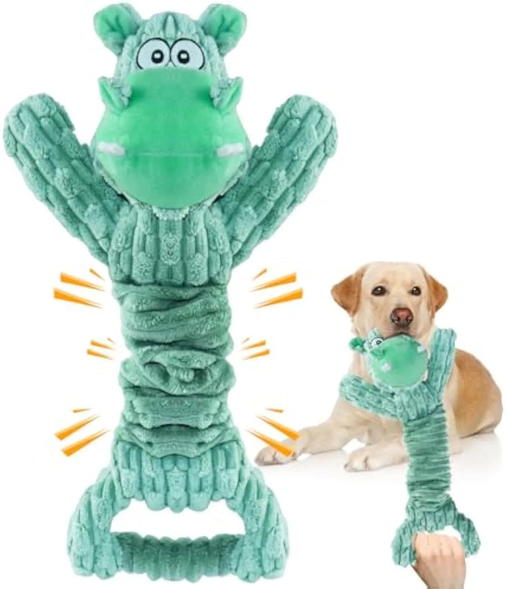 Plush squeaky dog toy with crinkle paper and a handle for tug-of-war play.